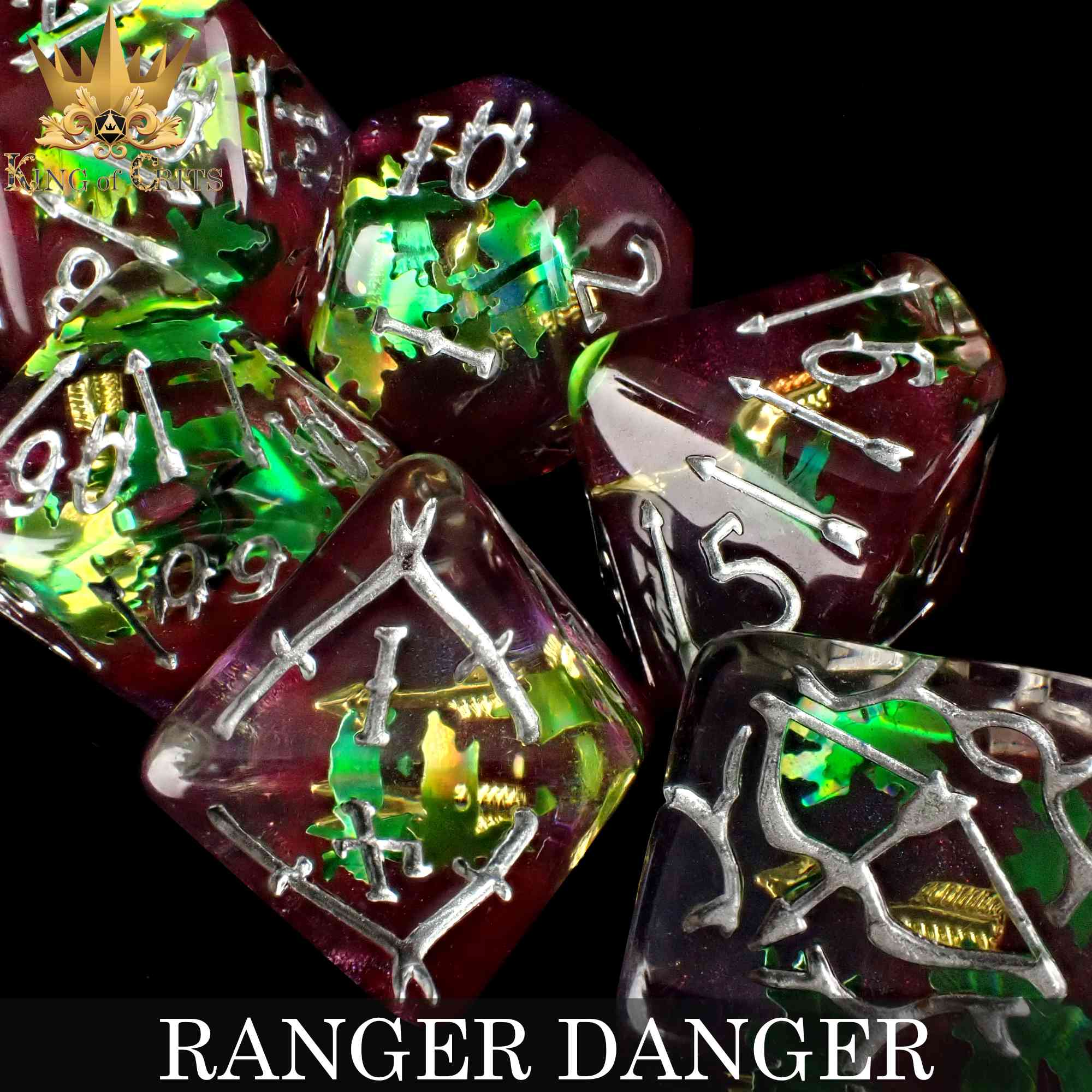 Colorful Ranger Danger 11-piece dice set from DNDDICE.COM featuring various numbered polyhedral dice for tabletop gaming.