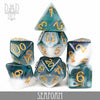 Seafoam-colored dice set from DNDDICE.COM, featuring a variety of polyhedral dice for tabletop gaming on a white background.