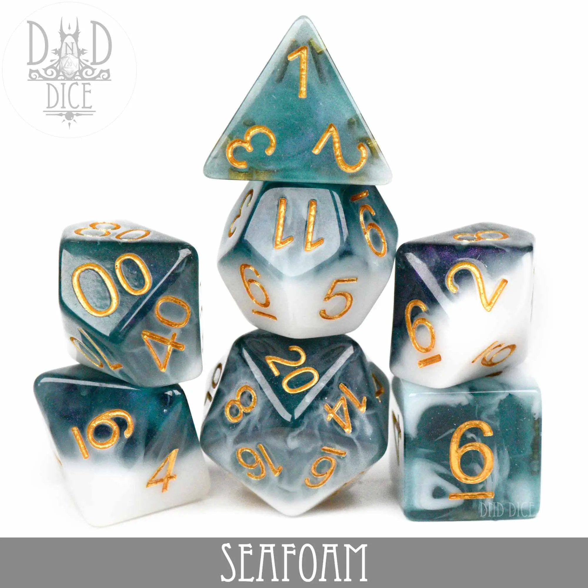 Seafoam-colored dice set from DNDDICE.COM, featuring a variety of polyhedral dice for tabletop gaming on a white background.
