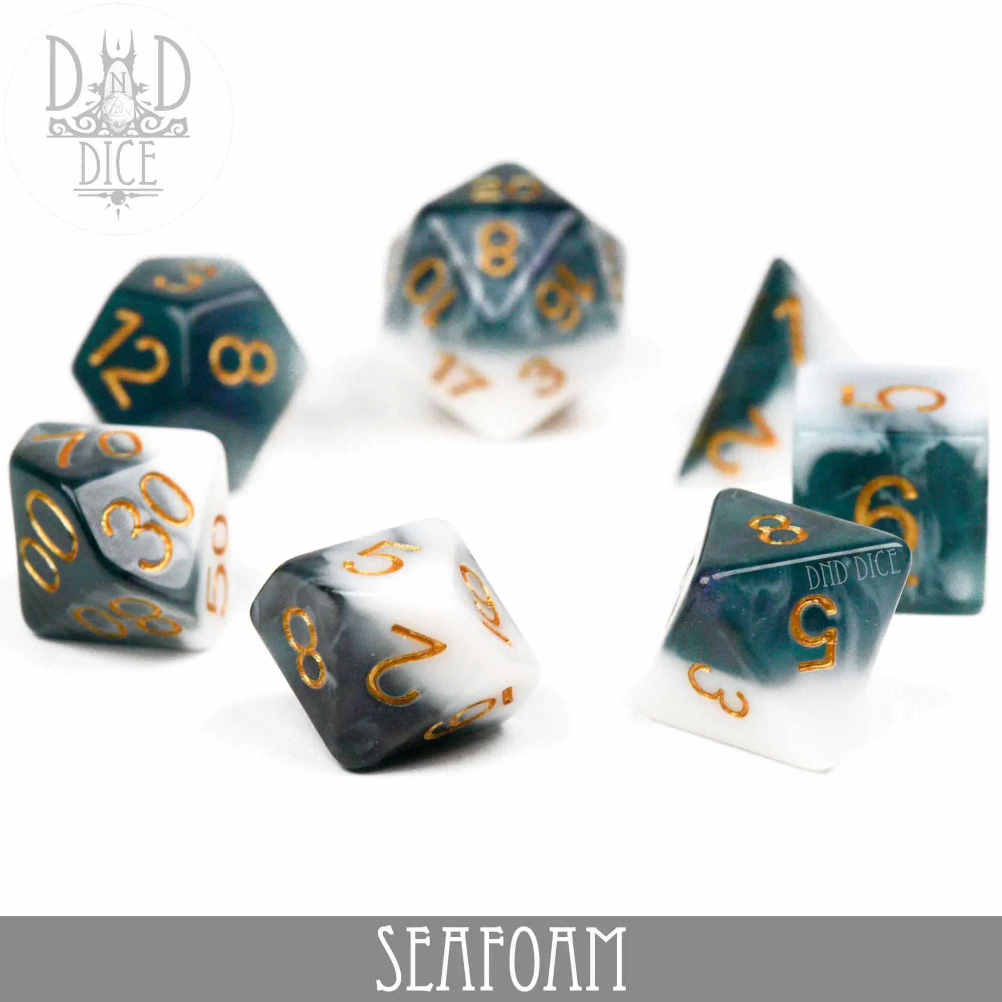 Seafoam-colored dice set from DNDDICE.COM featuring multiple polyhedral dice for tabletop games and role-playing adventures.