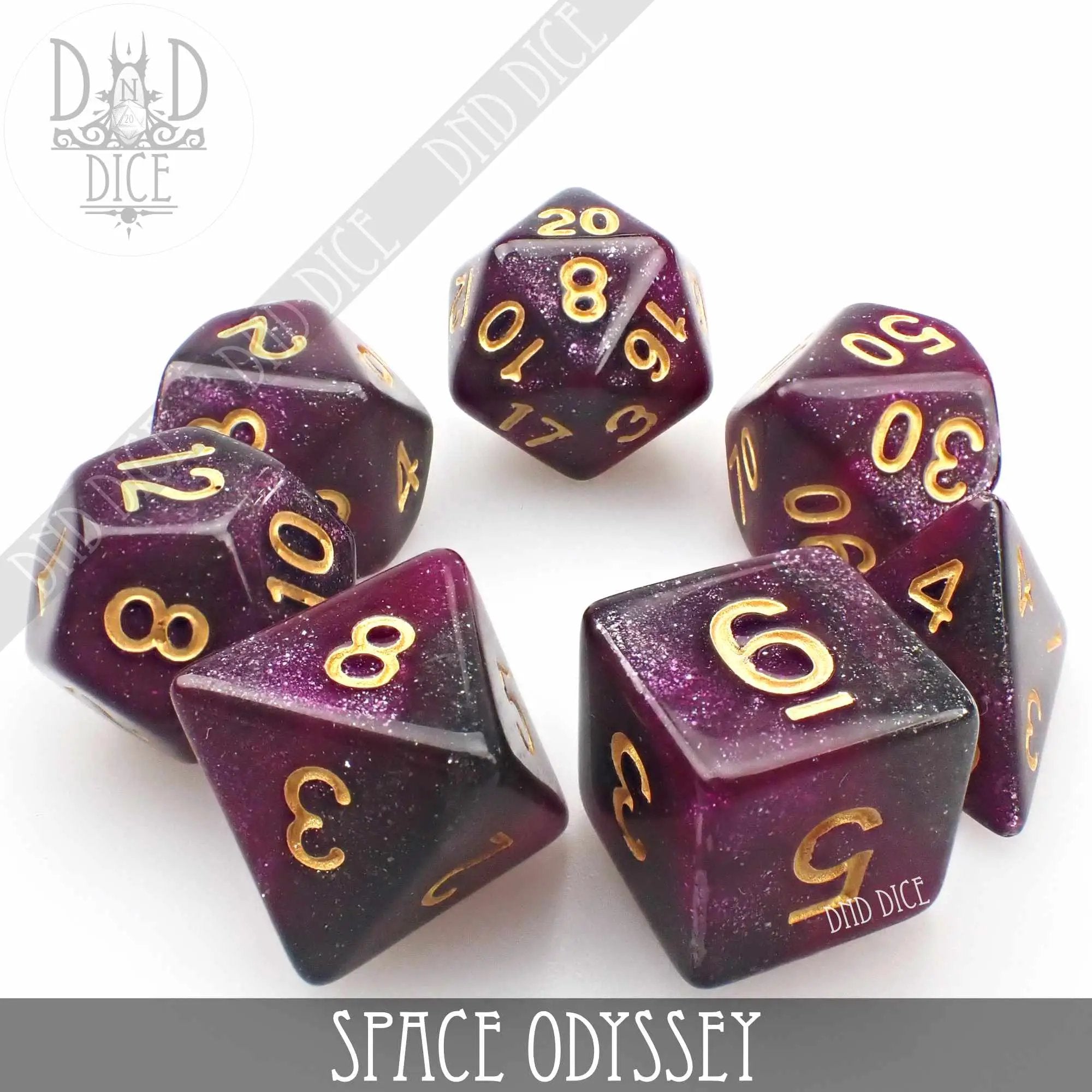 Space Odyssey Galaxy dice set featuring cosmic-themed polyhedral dice from DNDDICE.COM for tabletop gaming and role-playing games.
