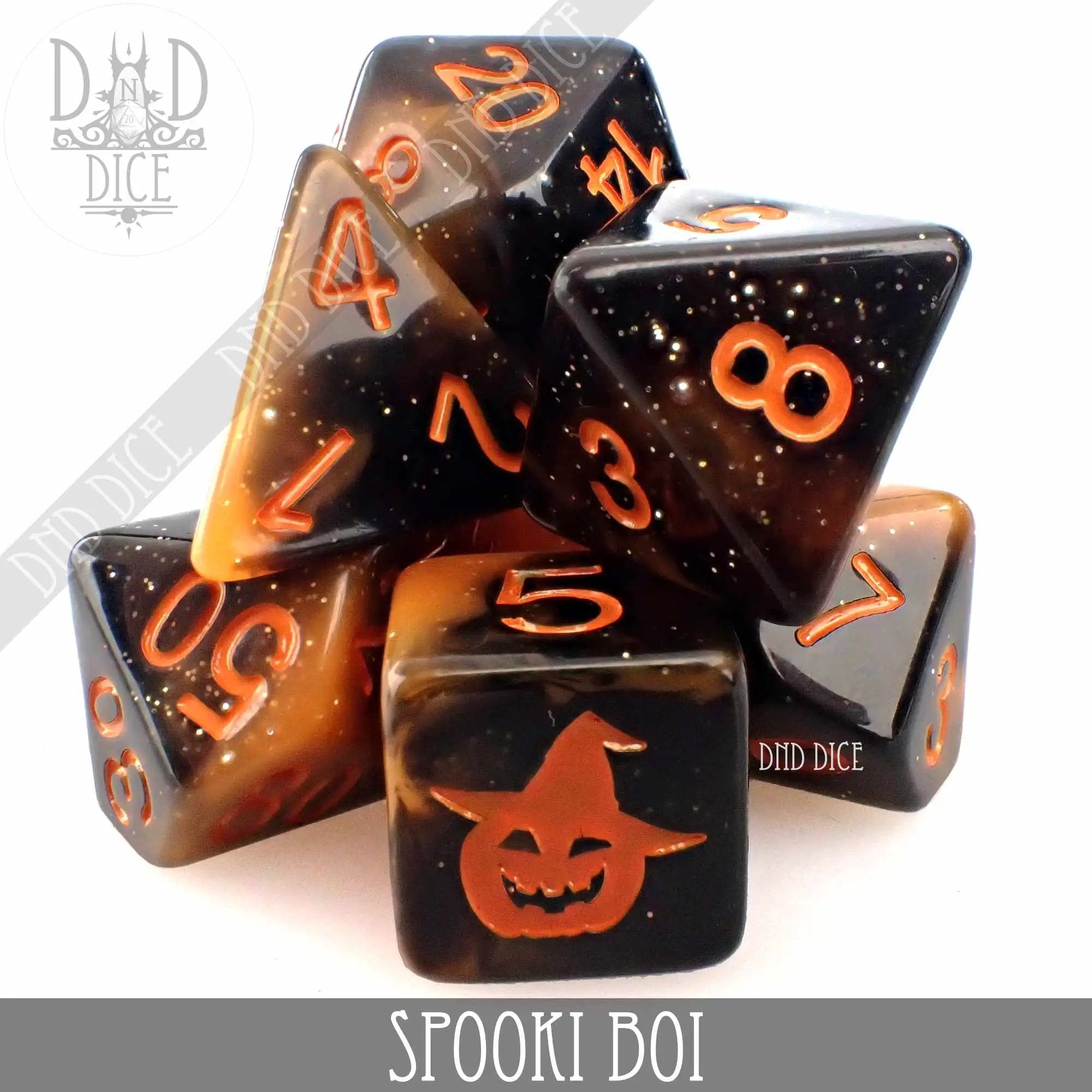 Spooki Boi dice set with themed black and orange gaming dice for tabletop role-playing games by DNDDICE.COM