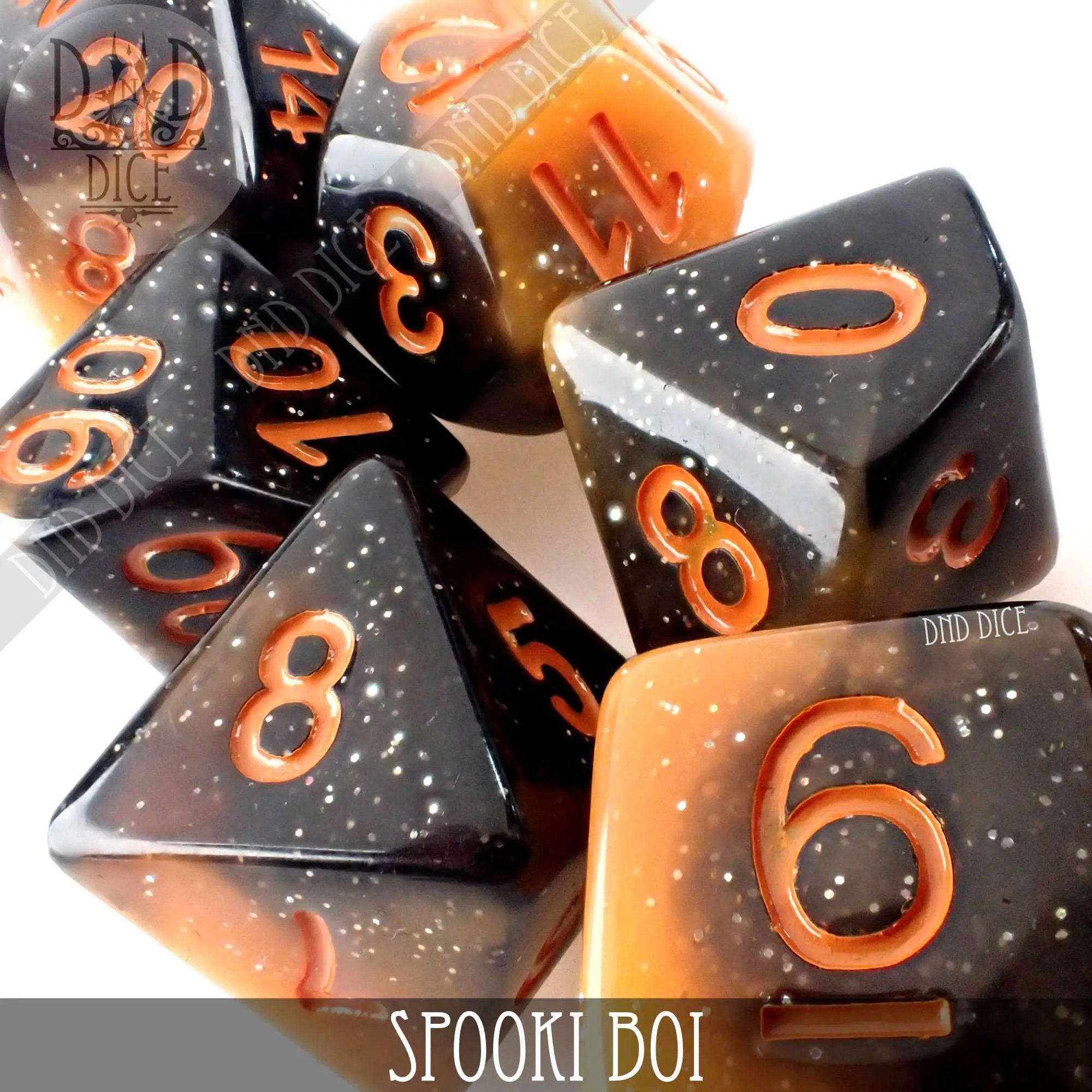 Spooki Boi dice set featuring themed gaming dice in dark colors with spooky designs, perfect for tabletop role-playing games.