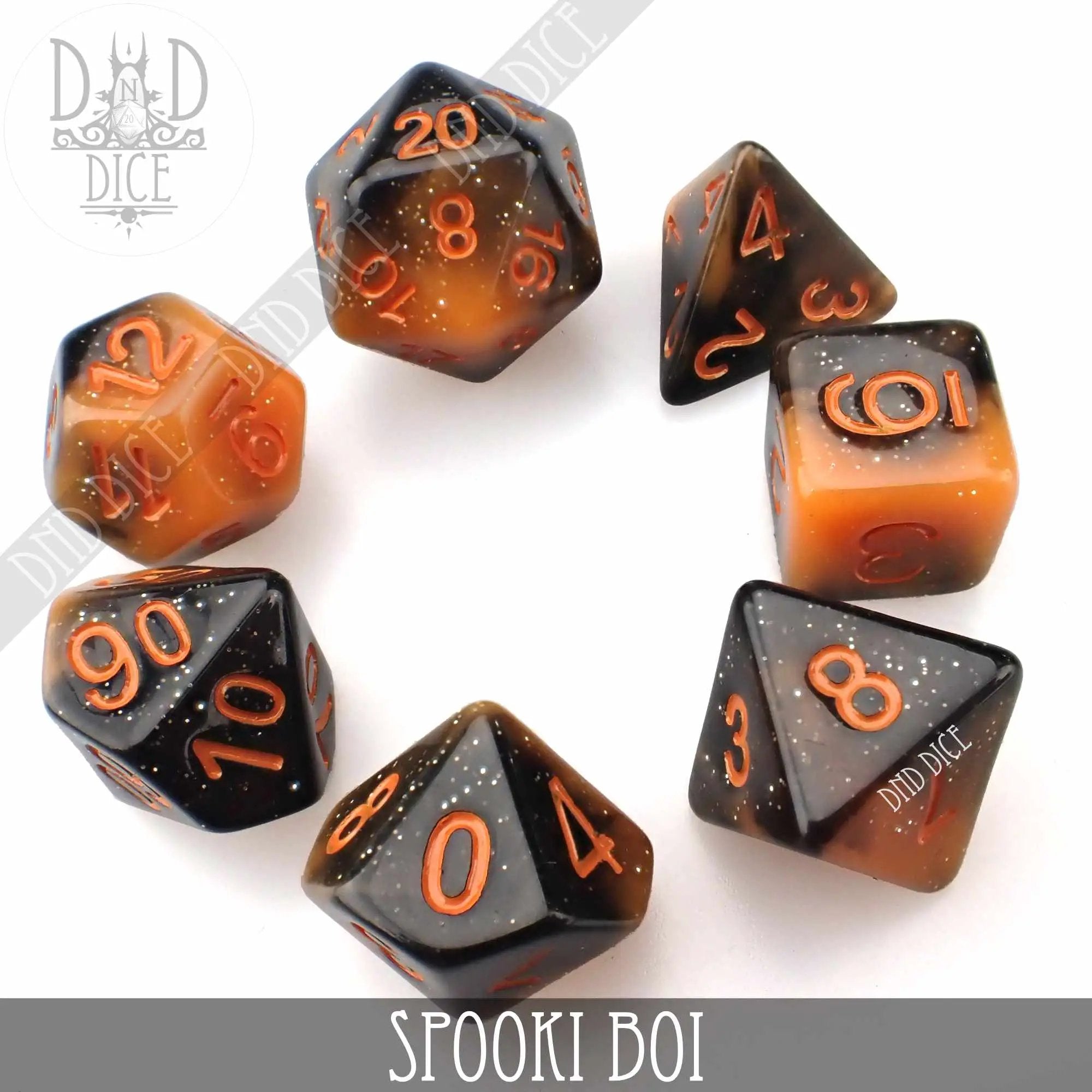 Spooki Boi dice set from DNDDICE.COM featuring themed multi-colored polyhedral dice for tabletop gaming.