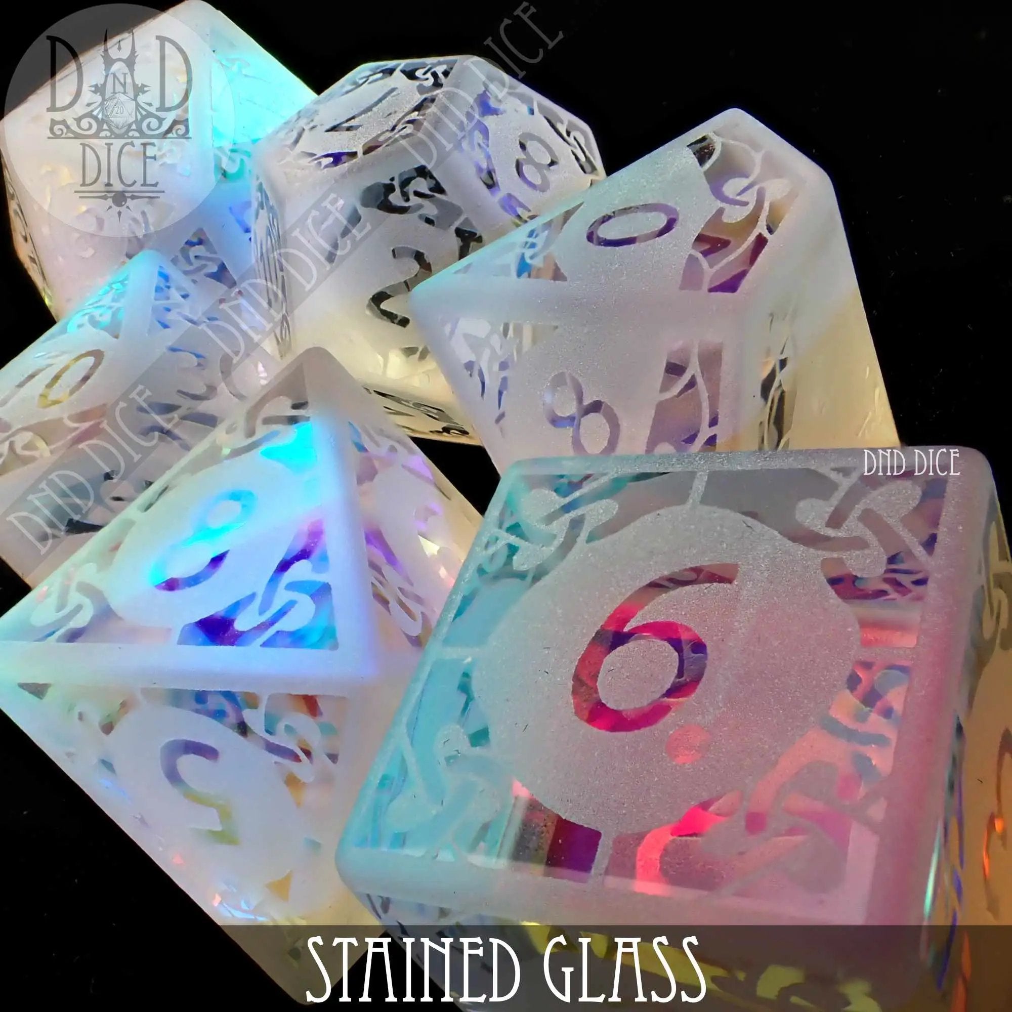 Frosted stained glass dice set with colorful designs in a gift box, perfect for tabletop games and gaming enthusiasts.
