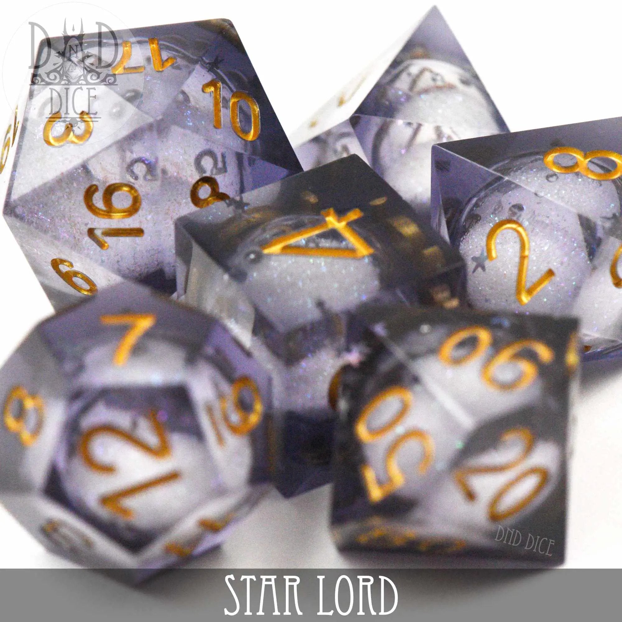Star Lord Liquid Core Dice Set from DNDDICE.COM, featuring colorful, translucent gaming dice with cosmic design.