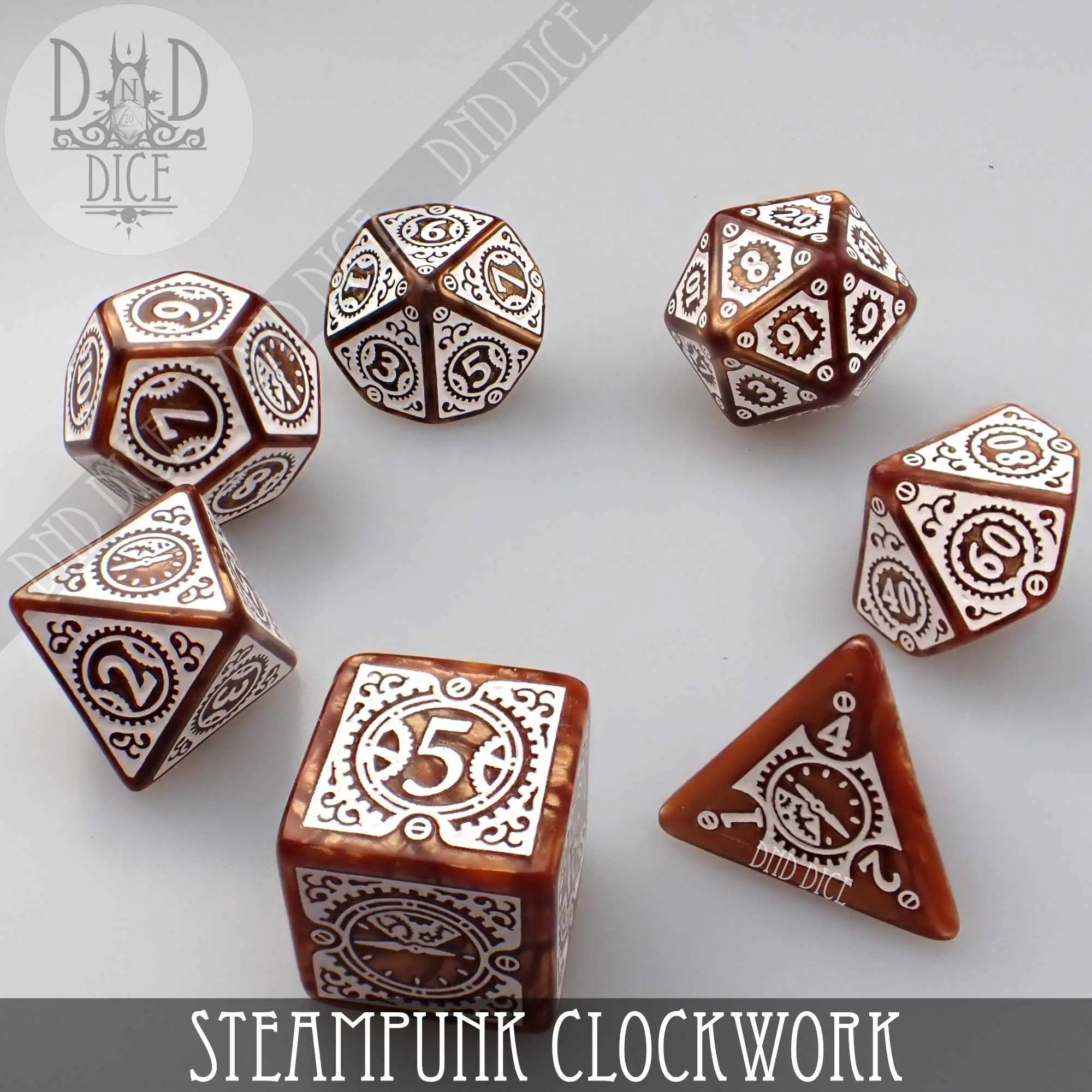 Steampunk clockwork caramel dice set with intricate designs, perfect for tabletop gaming and role-playing games.