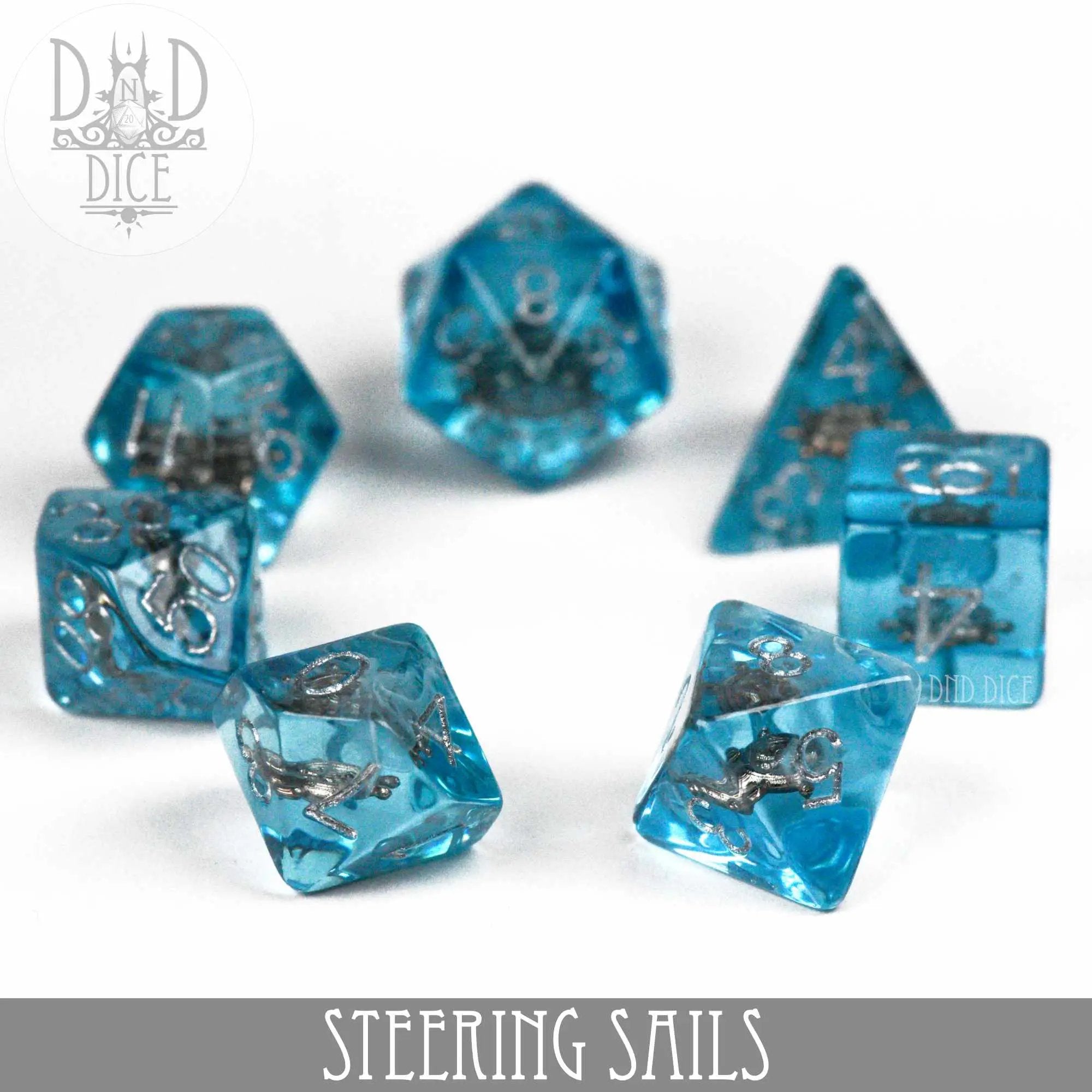 Set of colorful Steering Sails dice from DNDDICE.COM, featuring a variety of shapes and vibrant colors for gaming and collection.