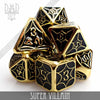 Metal dice set featuring super villain design with multiple colorful polyhedral dice, perfect for tabletop gaming.