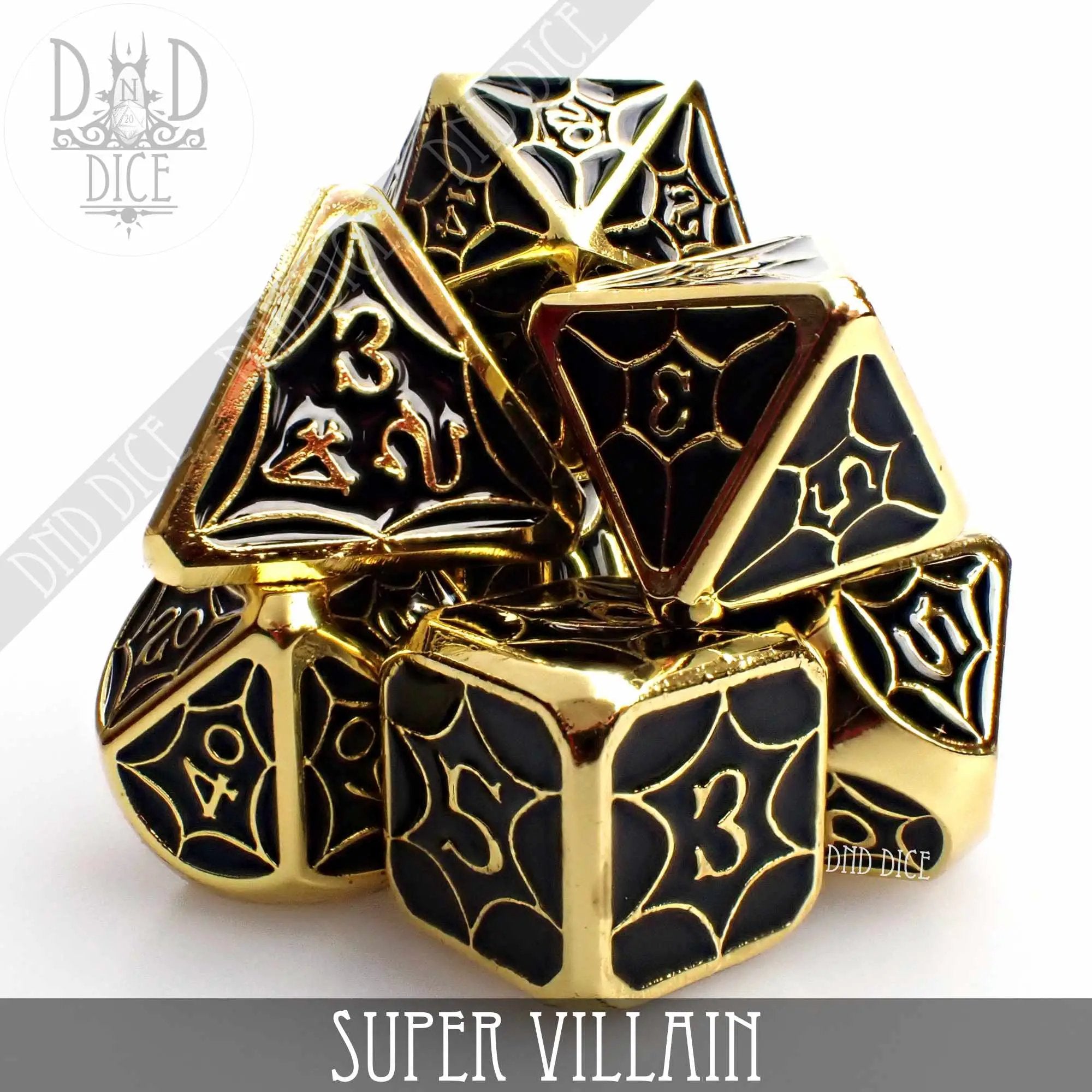 Metal dice set featuring super villain design with multiple colorful polyhedral dice, perfect for tabletop gaming.