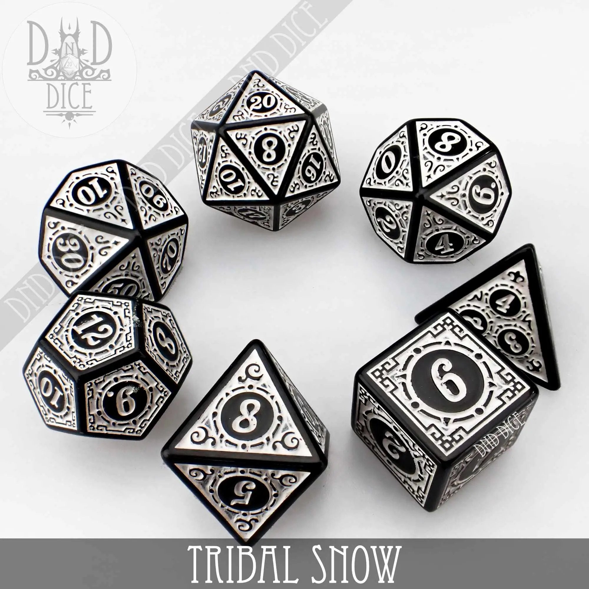 Tribal Snow Dice Set with white and black patterned dice for tabletop games, featuring intricate tribal designs in the dice set.