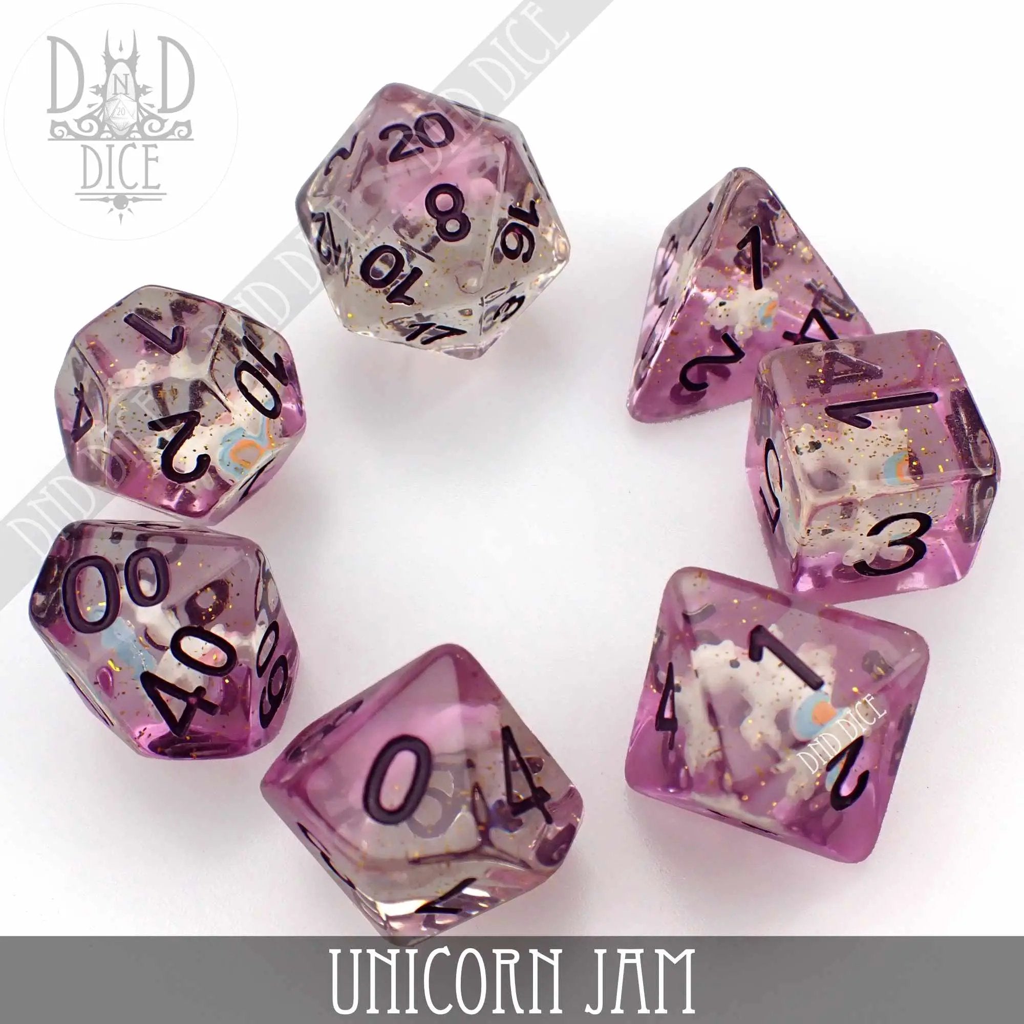 Colorful unicorn-themed dice set from DNDDICE.COM, perfect for tabletop games and unicorn enthusiasts.