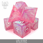 Valkyrie handmade dice set with colorful, intricately designed polyhedral dice for tabletop gaming, displayed on a neutral background.