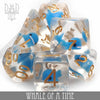 Whale of a Time dice set from DNDDICE.COM featuring colorful whale-themed polyhedral dice for tabletop games.
