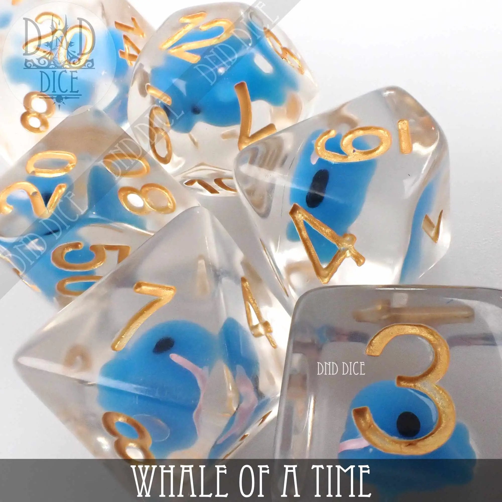 Whale of a Time dice set with colorful marine-themed dice for tabletop games, featuring whale design by DNDDICE.COM.