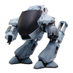 Battle-damaged ED-209 RoboCop action figure in 1:18 scale, featuring detailed damage and futuristic robotic design.