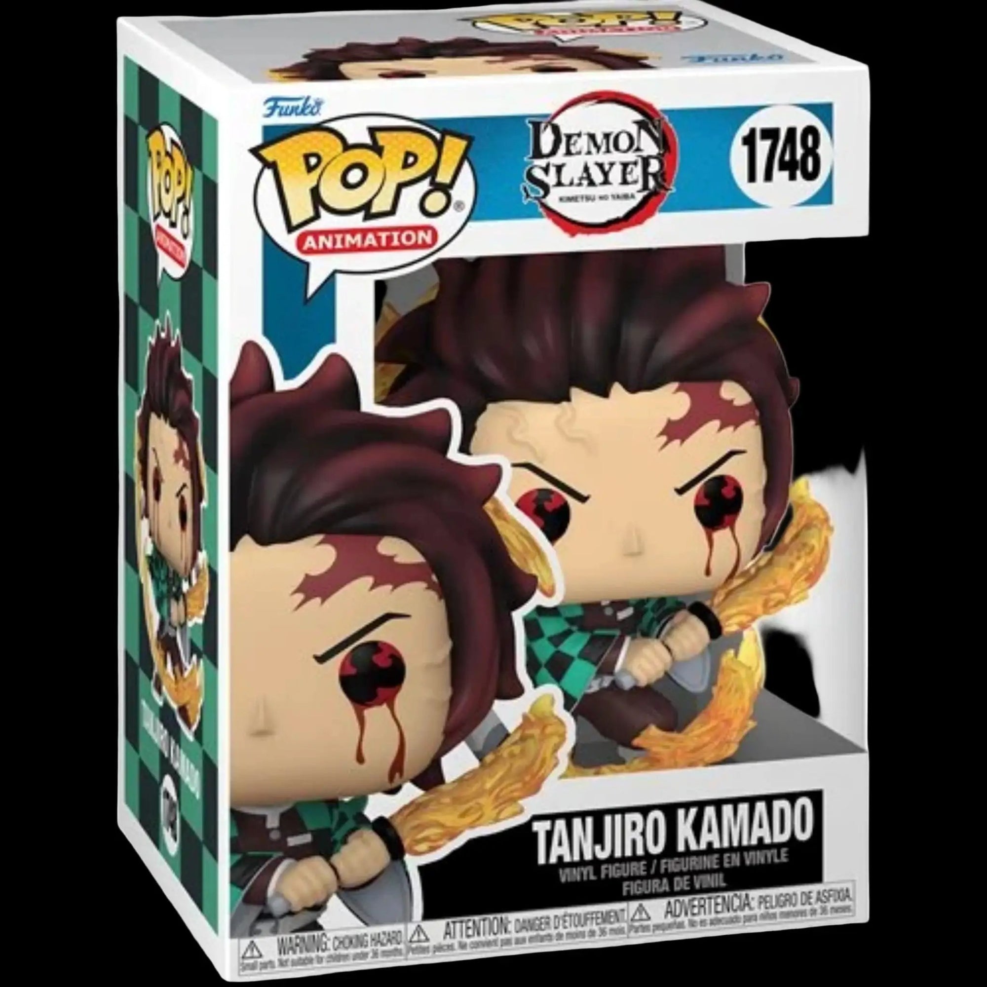 Demon Slayer Tanjiro Kamado Funko Pop! vinyl figure with Sun Breathing stance, #1748, displayed with protective case.