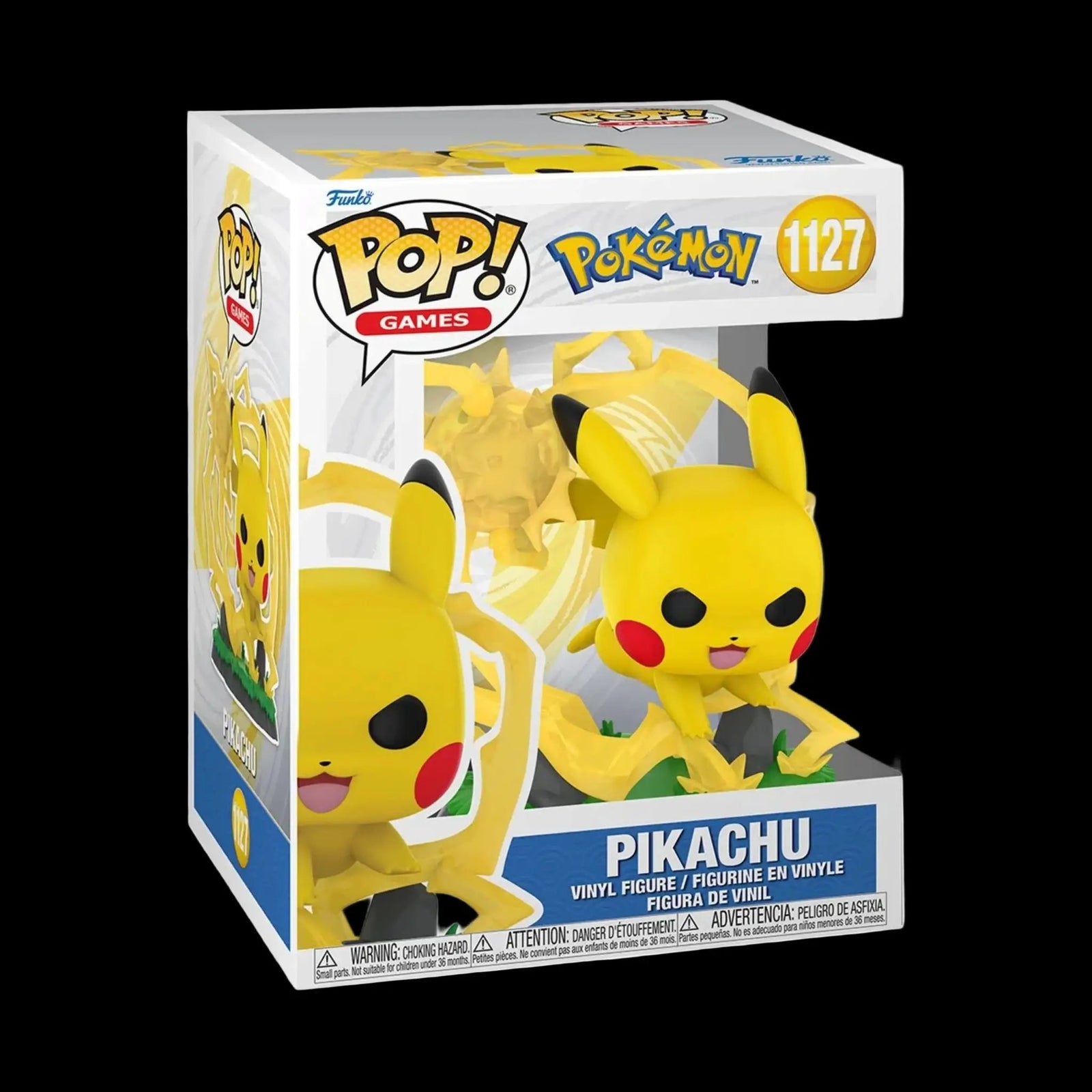 Pokemon Pikachu Premium Funko Pop! vinyl figure with yellow body, large eyes, and iconic lightning bolt tail, collectible toy.