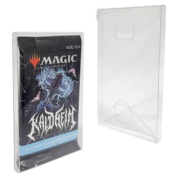 Front view of THE MIGHTY HOBBY SHOP Booster Pack PET Protectors, 10-pack, showcasing clear plastic sleeves for trading cards.