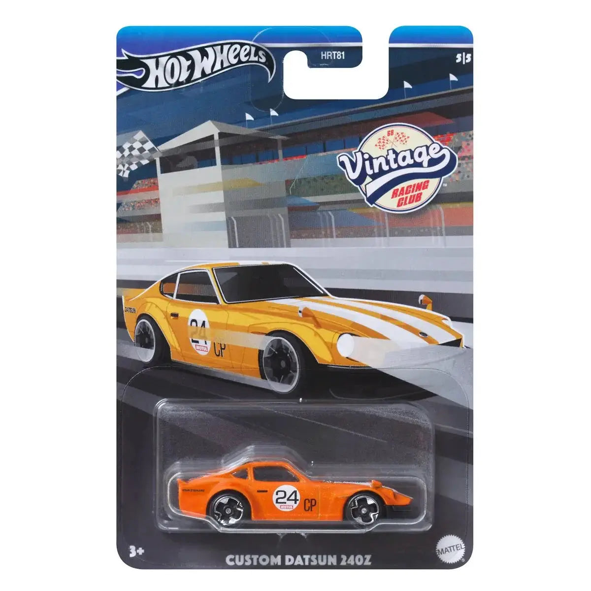 Hot Wheels Vintage Racing 2024 Custom Datsun 240Z diecast car with detailed racing design and vibrant colors.