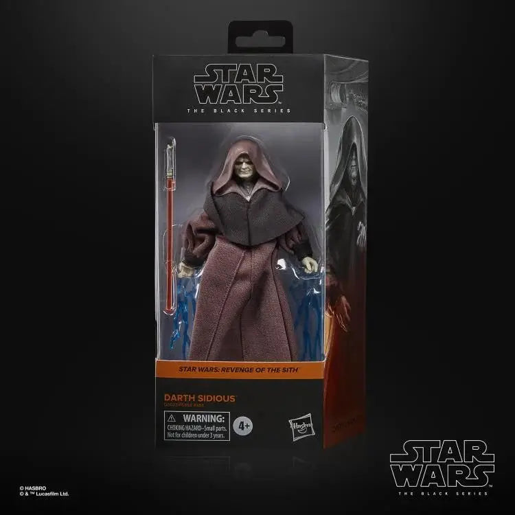 6-inch Darth Sidious action figure from Star Wars: The Black Series, featuring detailed armor and Sith Lord accessories.