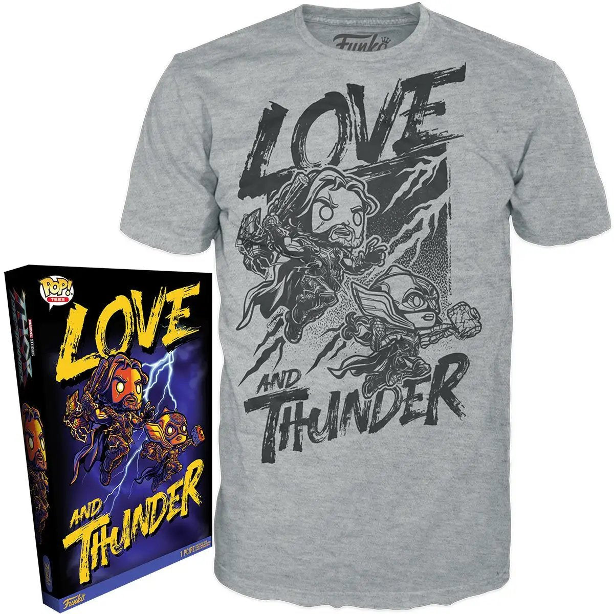 Adult Thor: Love and Thunder boxed Pop! T-shirt featuring Marvel character design, made by THE MIGHTY HOBBY SHOP.