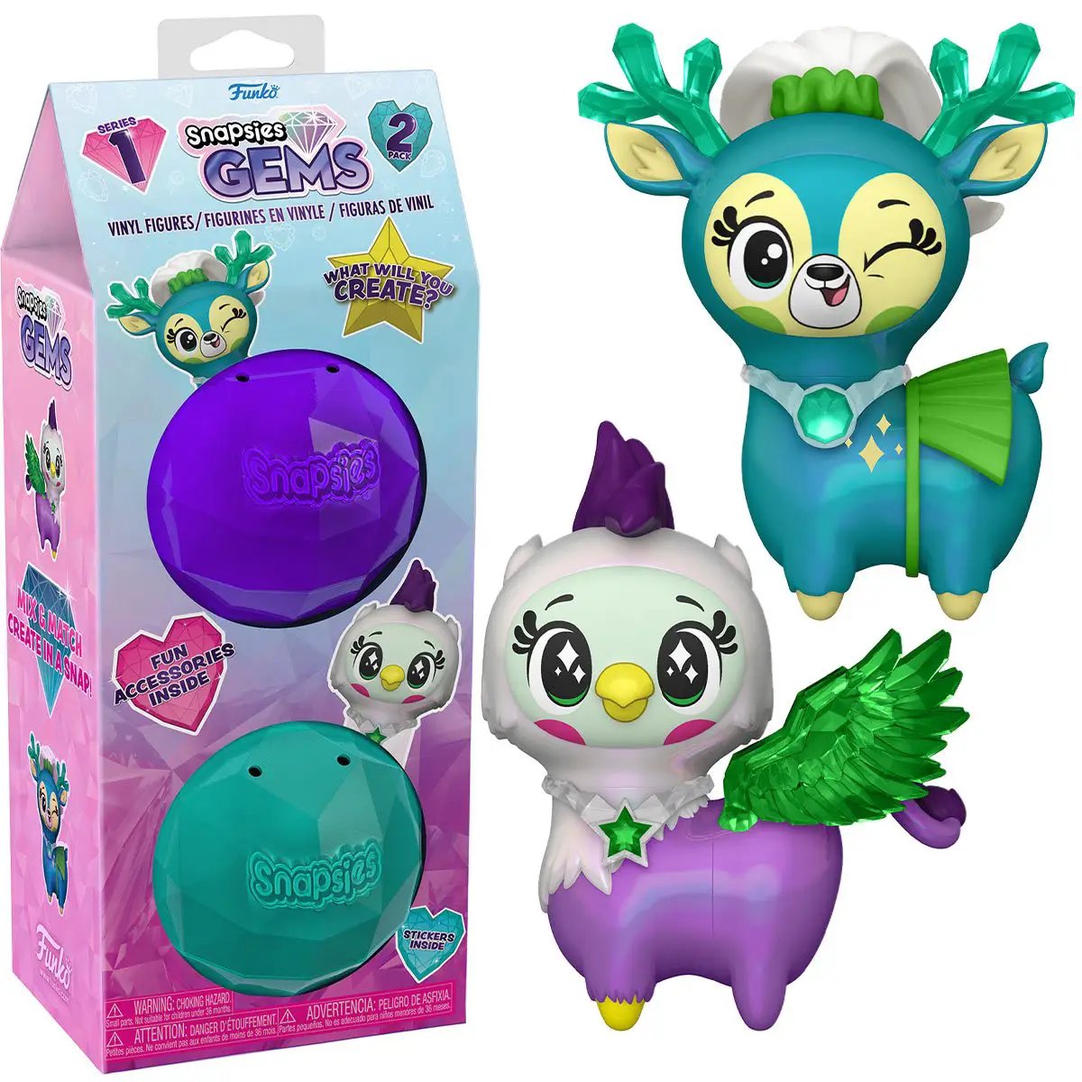 Colorful Snapsies Gems holiday mini-figures 2-pack by THE MIGHTY HOBBY SHOP featuring sparkly gem-themed characters and playful designs