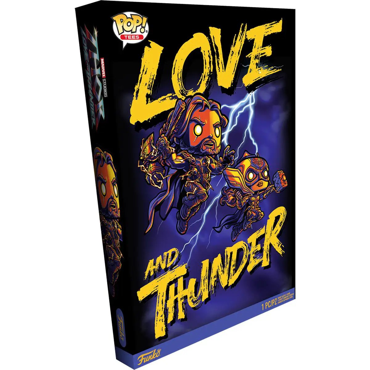Thor: Love and Thunder adult boxed Pop! T-shirt featuring Marvel superhero Thor, with vibrant graphic design on a black shirt.