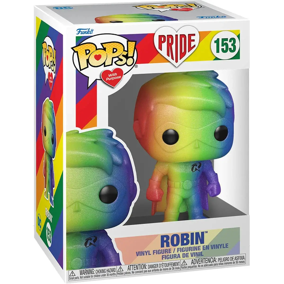 Pop! Heroes DC Pride Robin figure by THE MIGHTY HOBBY SHOP, featuring Robin in colorful Pride-themed costume and dynamic pose.