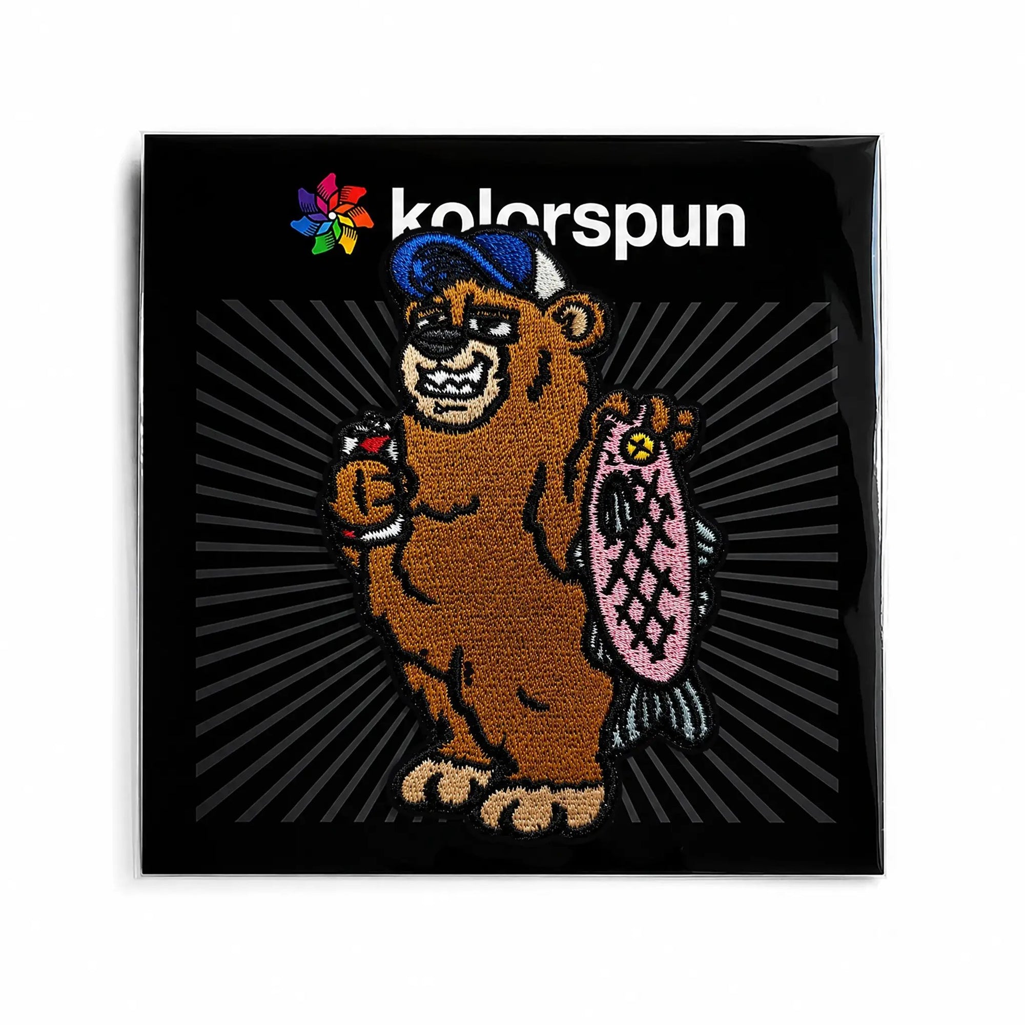 Kolorspun Gone Fishing Bear patch with detailed embroidery, featuring a bear holding a fishing rod, ideal for clothing or gear.