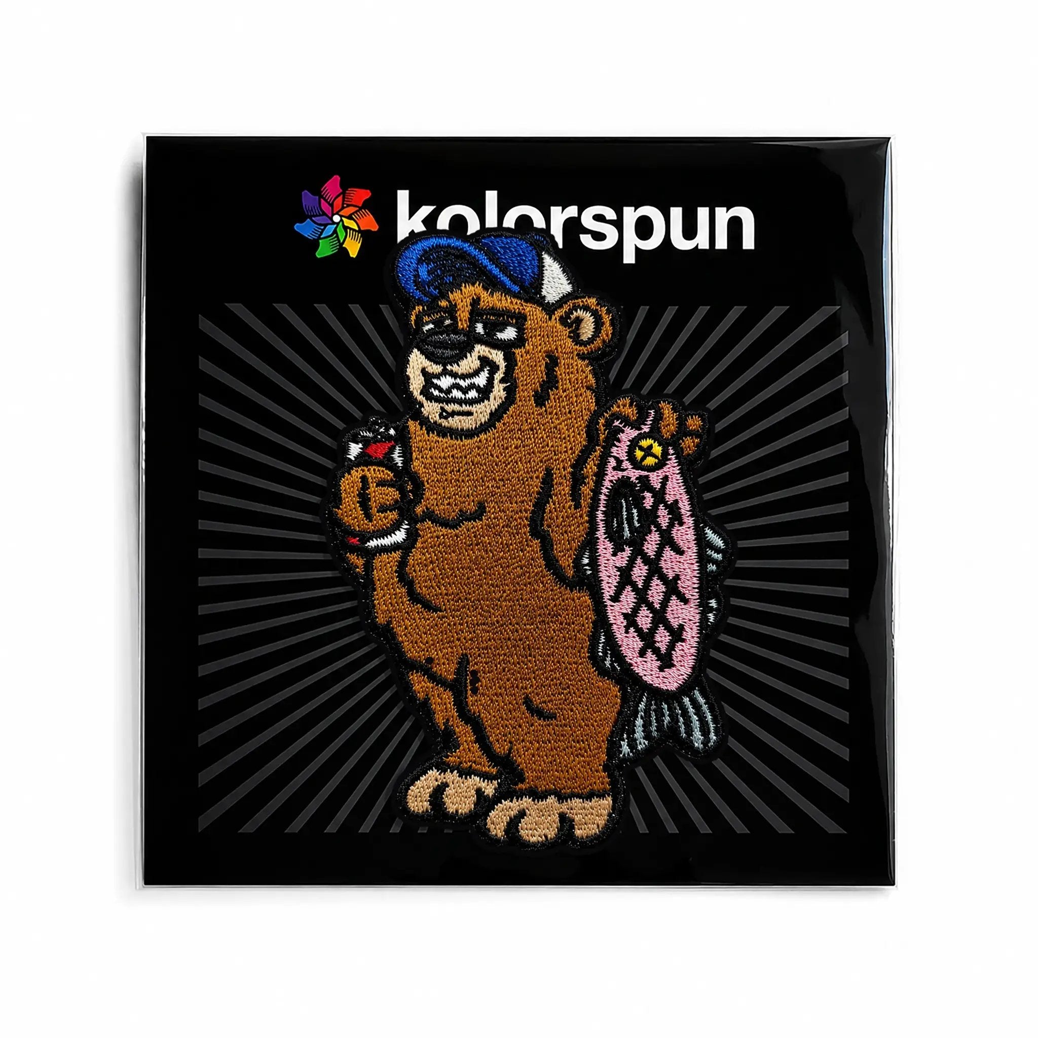 Kolorspun Gone Fishing Bear patch with detailed embroidery, featuring a bear holding a fishing rod, ideal for clothing or gear.