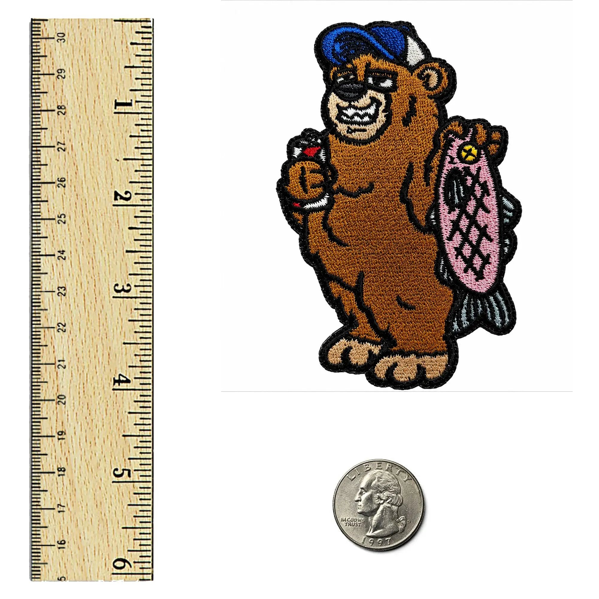Kolorspun Gone Fishing Bear patch showing a playful bear holding a fishing rod with a beer can, embroidered patch for outdoor enthusiasts.