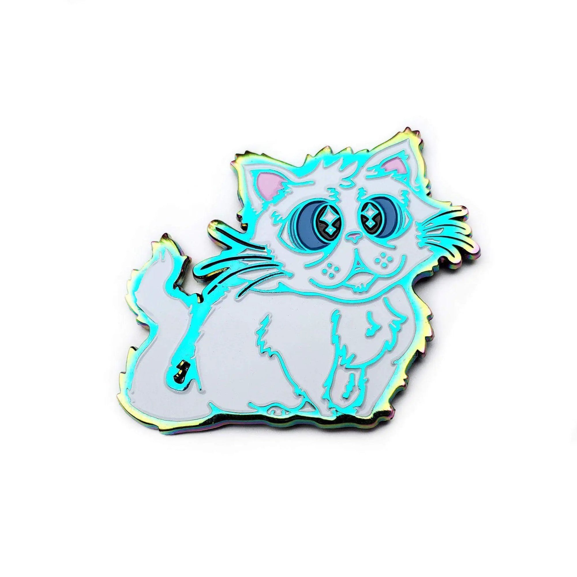 Kolorspun Floofy Kitty Pin featuring a cute, fluffy cat design on an enamel pin with colorful details.