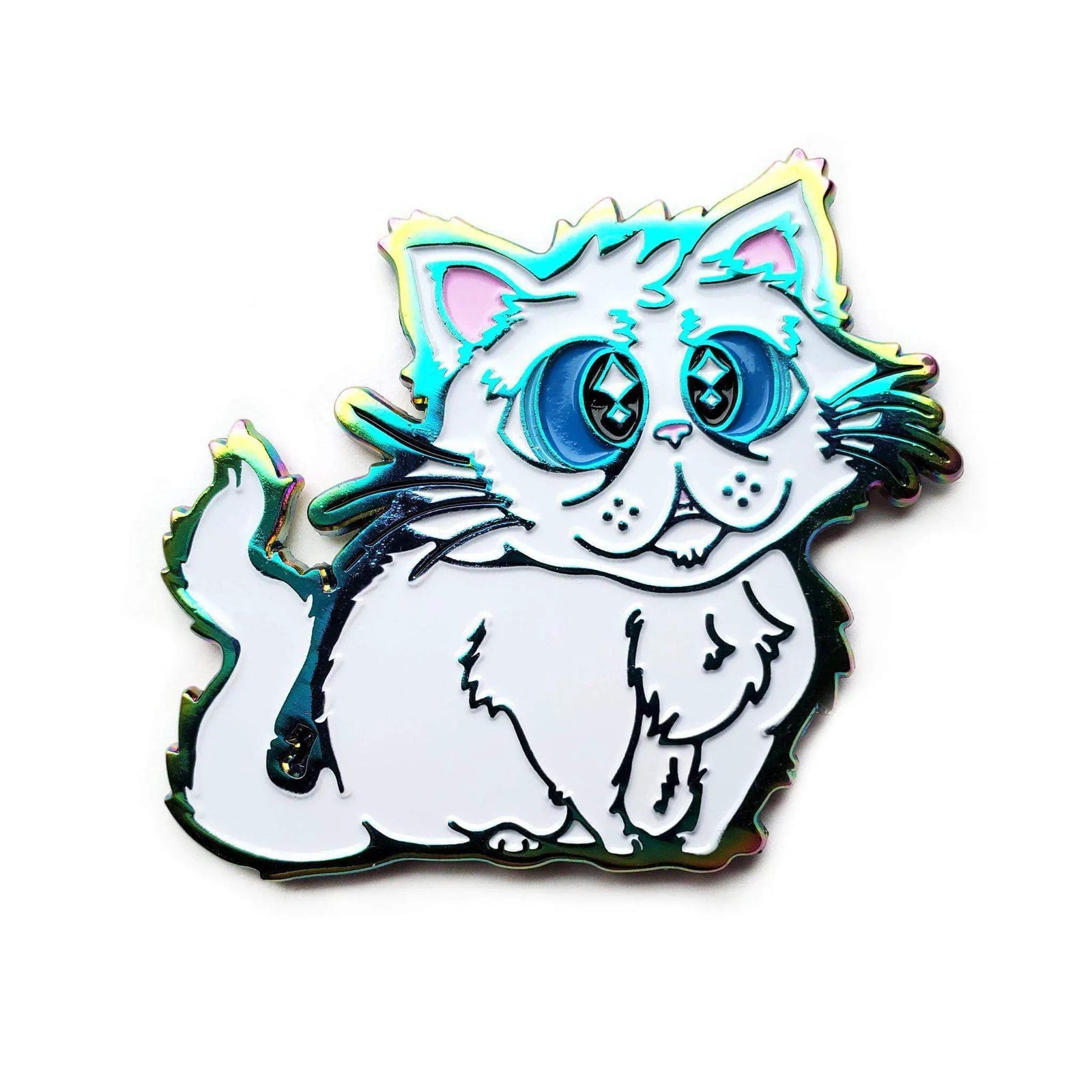 Kolorspun Floofy Kitty Pin featuring a cute, fluffy cat enamel design on a pin for clothing or accessories.