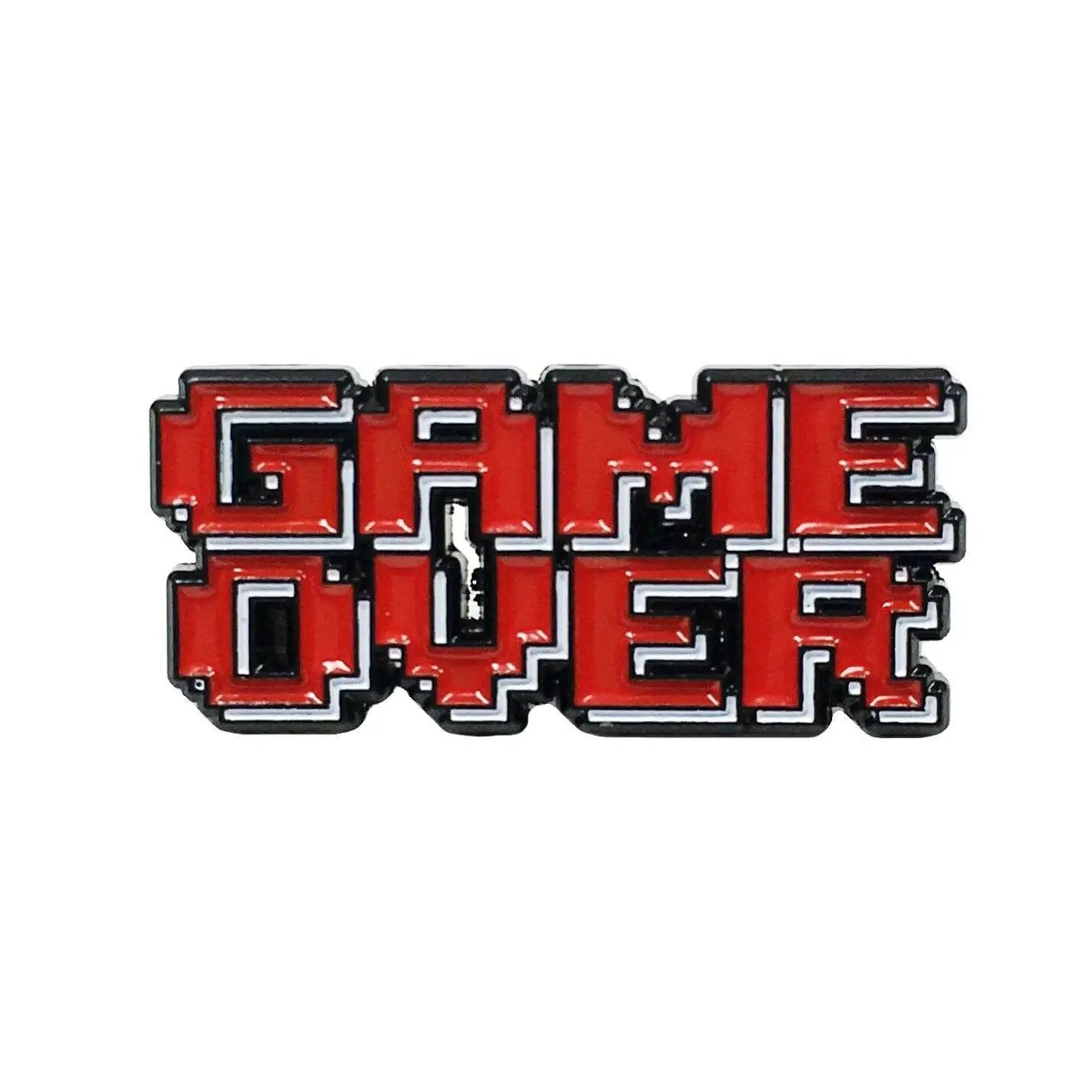 Kolorspun Game Over Pixel Pin, colorful enamel pin featuring a pixelated game over design on a white background.