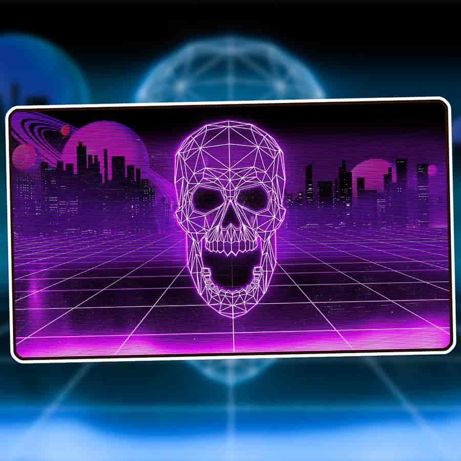 Premium Infinite Black Retrowave Playmat by THE MIGHTY HOBBY SHOP featuring a swamp design for gamers.