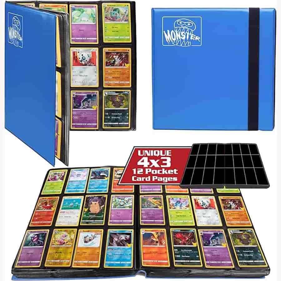 Matte blue Monster 12-pocket binder with side-loading pages, ideal for organizing trading cards or collectibles.