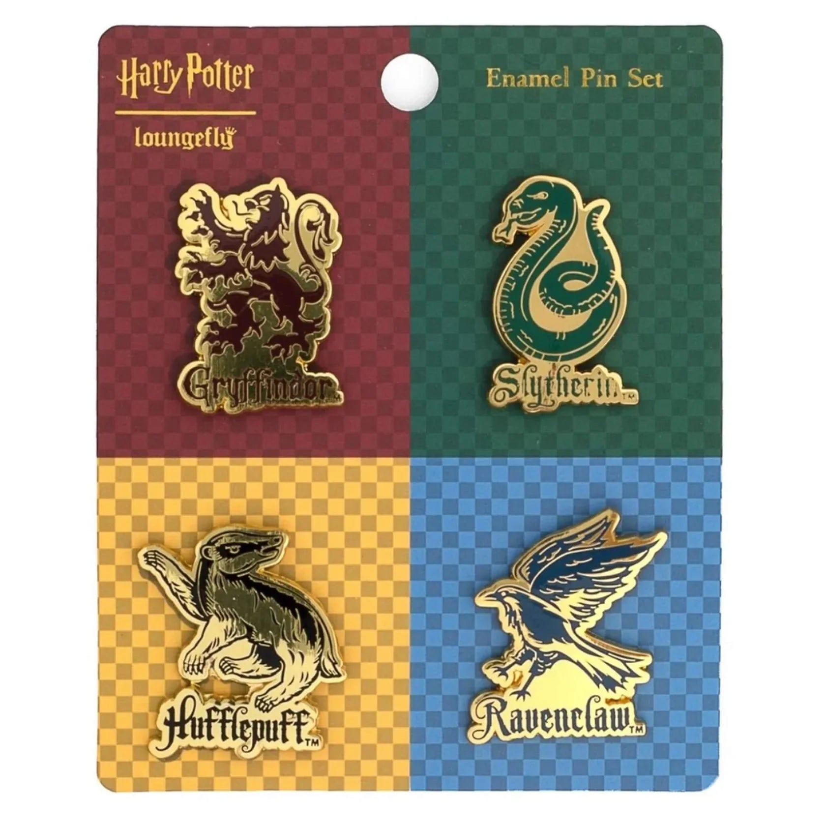 Loungefly Harry Potter House Mascots 4-piece enamel pin set featuring Gryffindor, Slytherin, Hufflepuff, and Ravenclaw house crests.