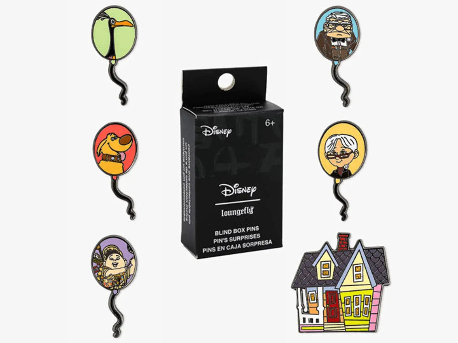 Pixar Loungefly UP Balloon blind box pin featuring colorful balloon designs and character silhouettes on a white background