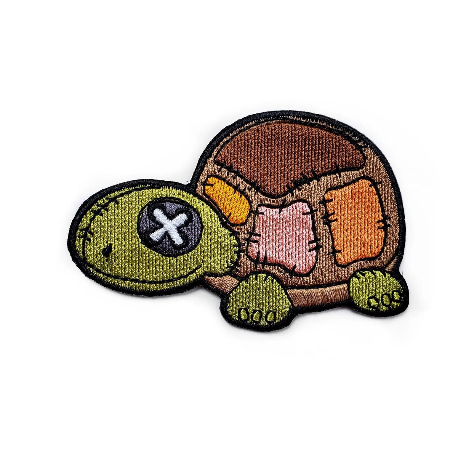 Kolorspun Patchwork Turtle patch with colorful fabric pieces on a neutral background, ideal for clothing and accessories.