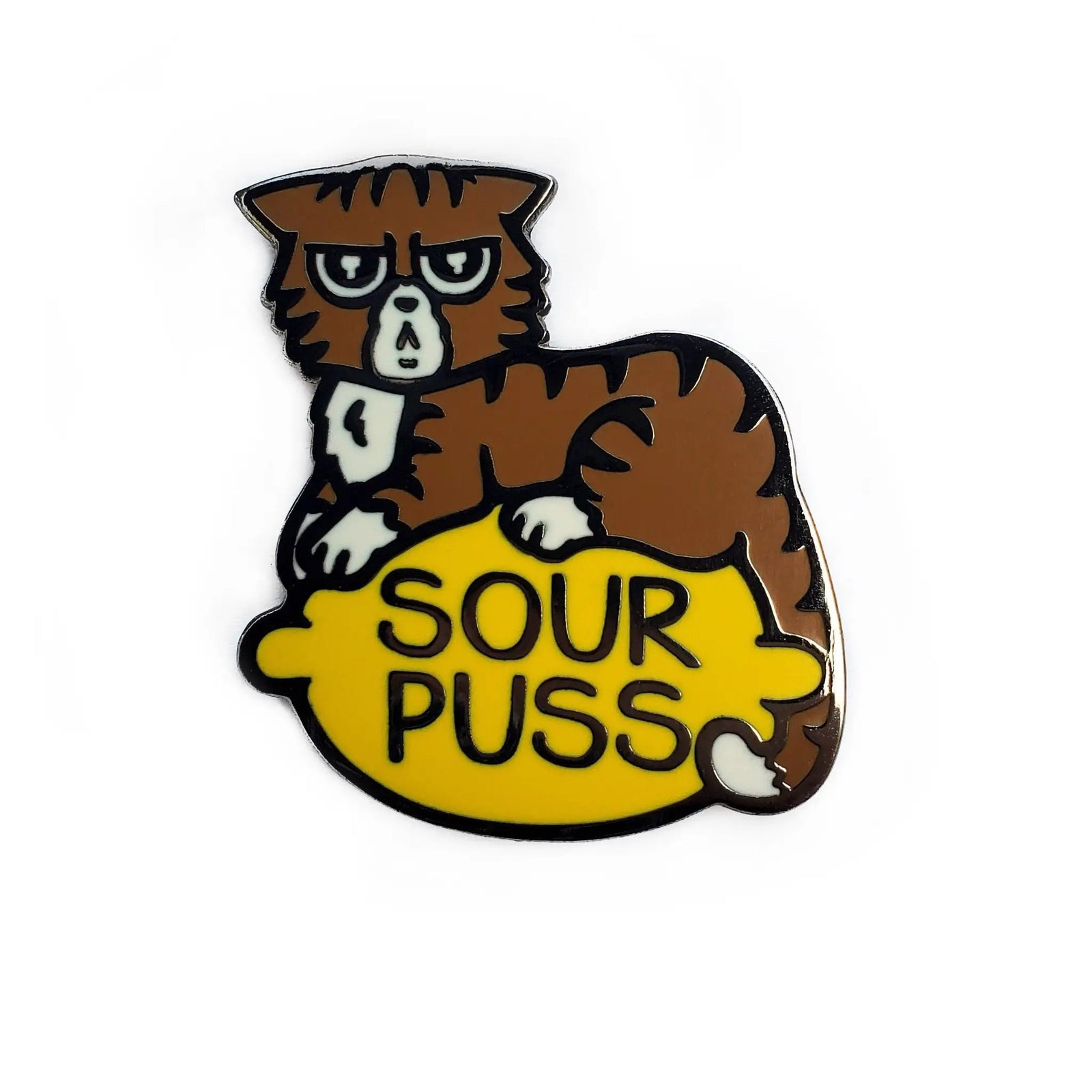 Kolorspun Sourpuss cat golf ball marker with colorful, detailed design on a round metal surface.
