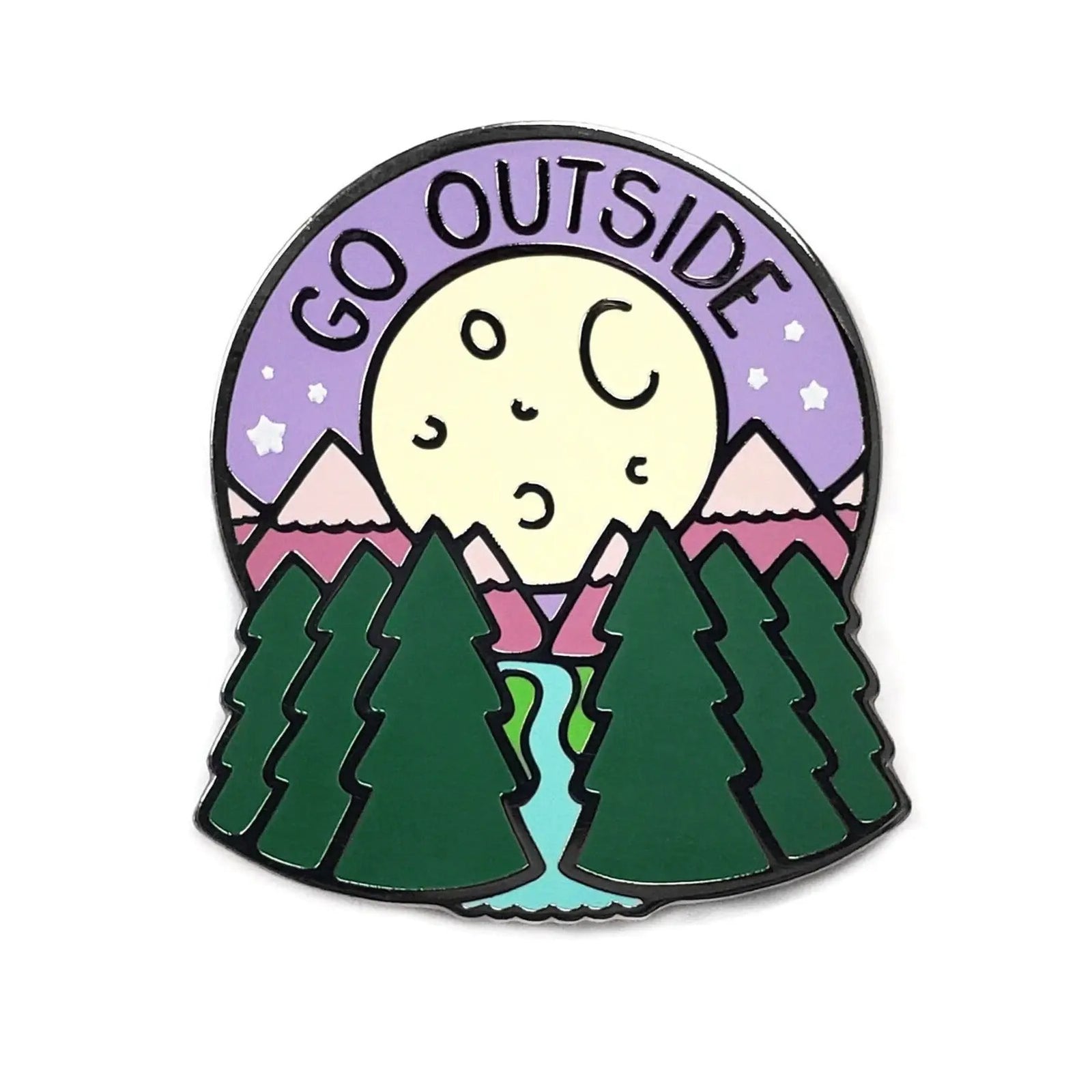 Kolorspun Go Outside pin pin with colorful enamel design on a silver-tone metal backing.