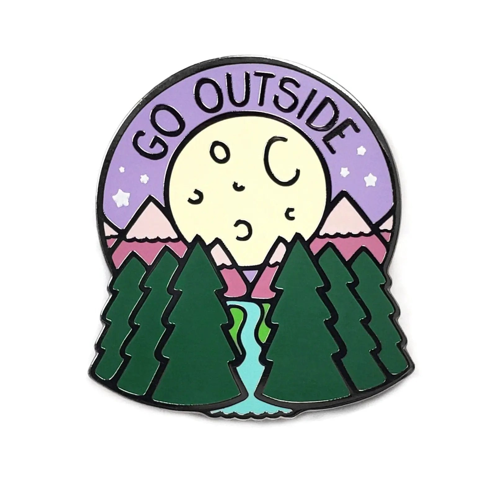 Kolorspun Go Outside pin pin with colorful enamel design on a silver-tone metal backing.