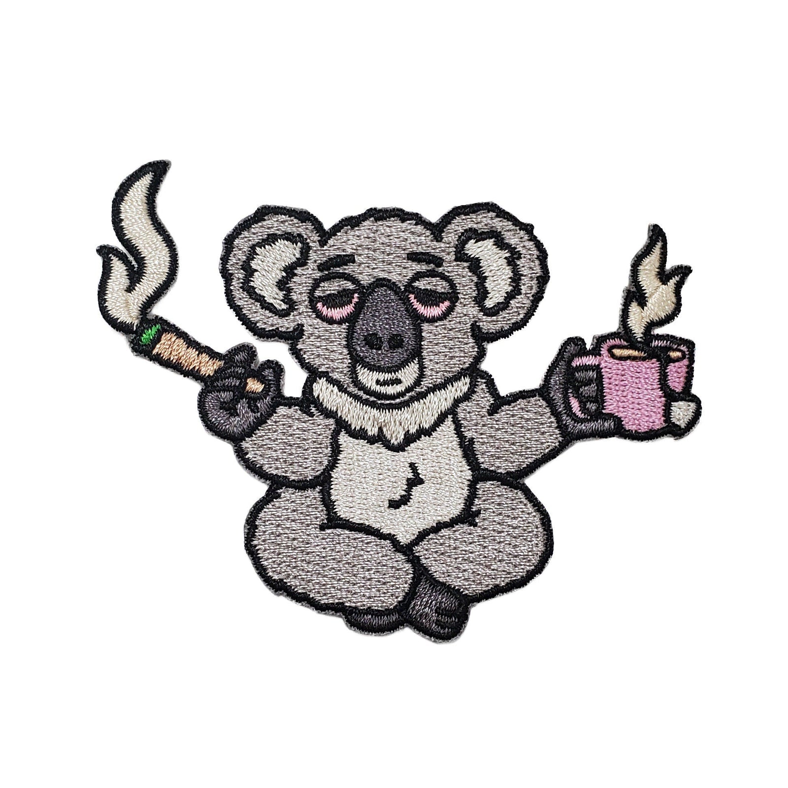 High Koala Tea Pun Patch by Kolorspun, a colorful fabric patch with a playful tea-themed design and embroidered details.