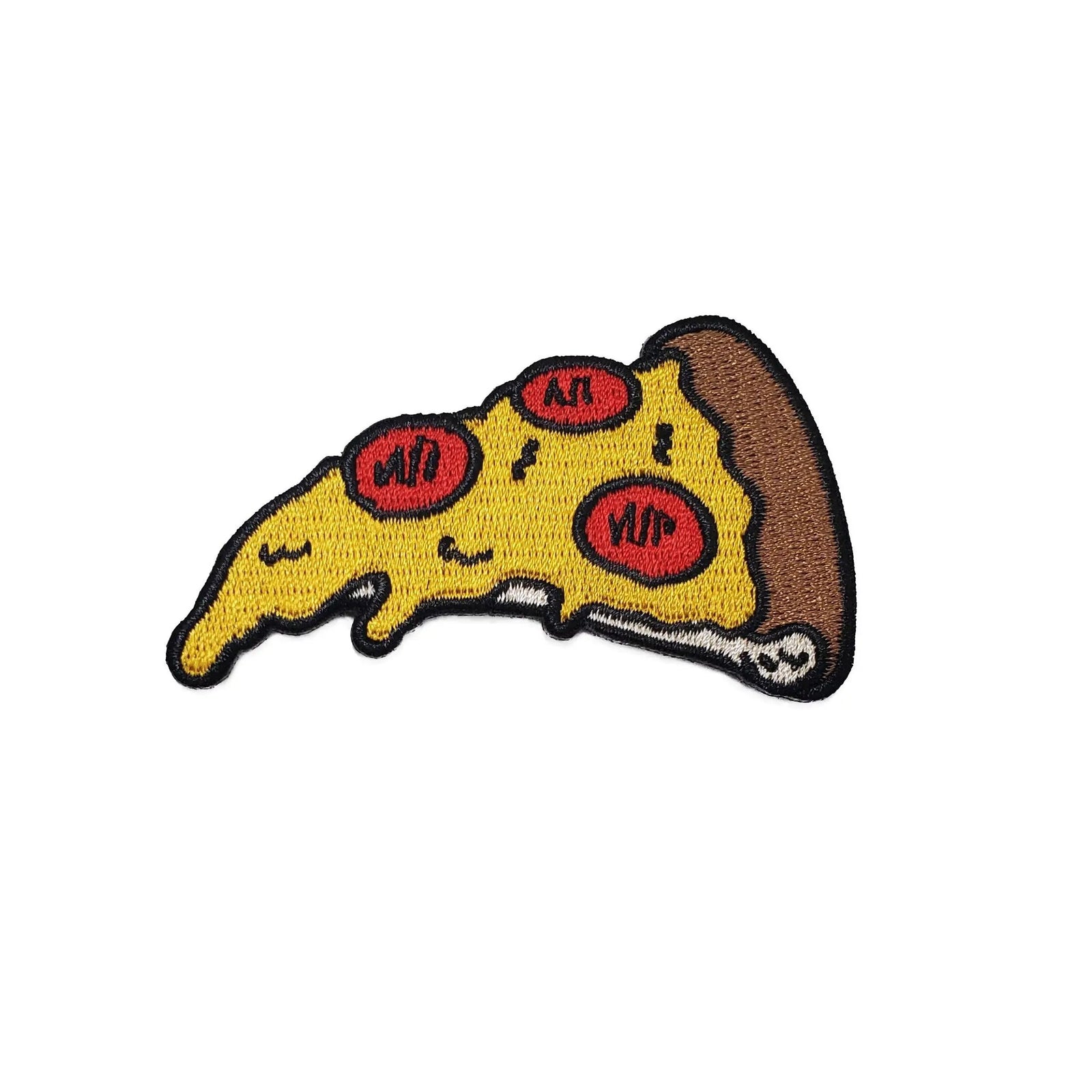 Kolorspun pizza slice patch featuring colorful embroidered design on fabric for clothing or accessories.
