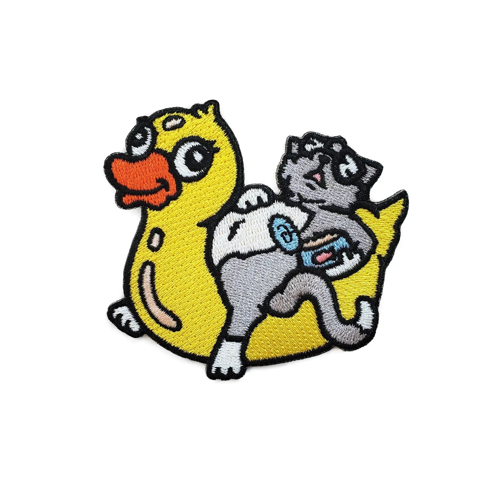 Kolorspun Pool Cat Patch sewn design on fabric patch, colorful underwater cat motif for clothing or accessories.