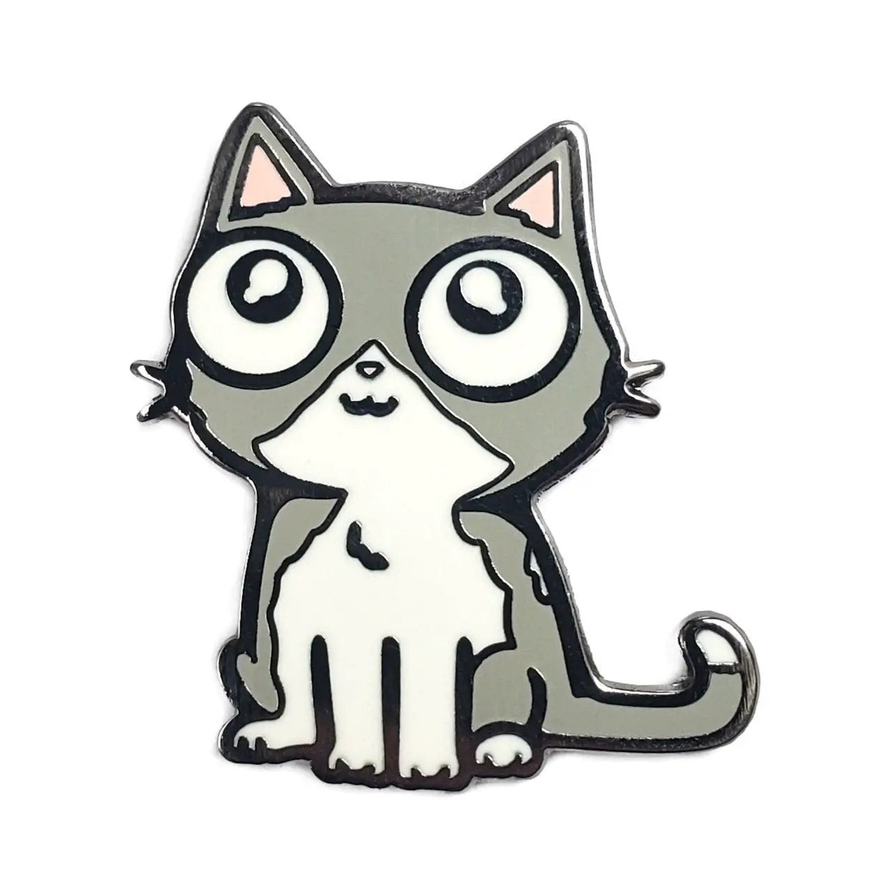 Gray cat pin by Kolorspun featuring a cute feline design, perfect for accessorizing clothing or bags.