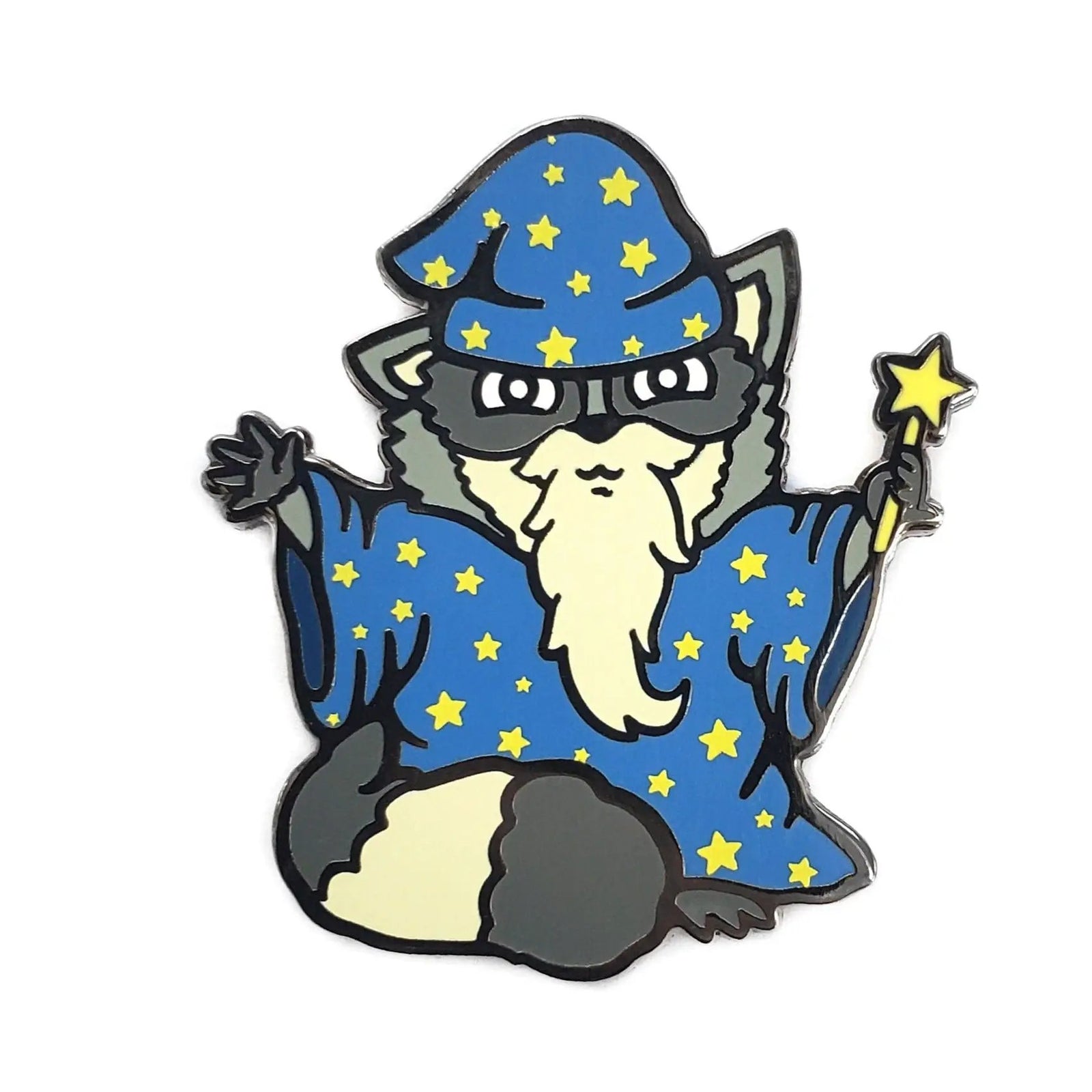 Kolorspun Wizard Raccoon Pin featuring a whimsical raccoon character with a wizard hat and staff, perfect for accessory collection.