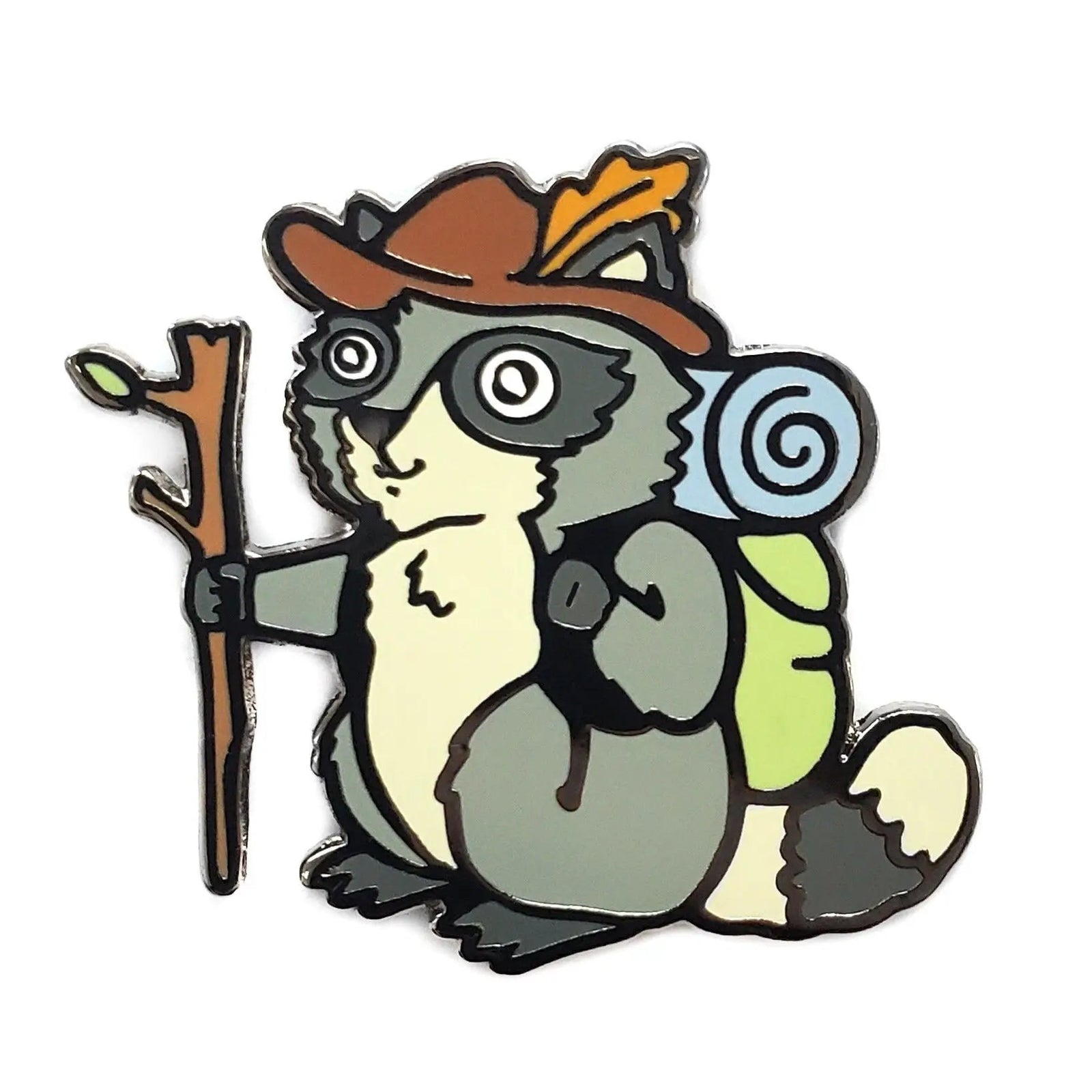 Kolorspun Raccoon Hiker pin featuring a detailed raccoon design, perfect for backpacks or jackets.