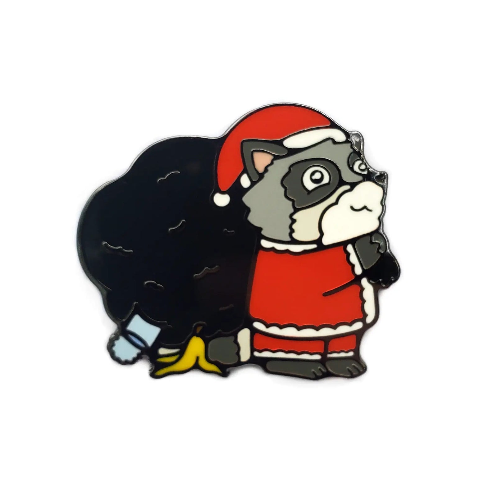 Kolorspun Raccoon Santa pin featuring a cute raccoon dressed as Santa Claus with festive details.
